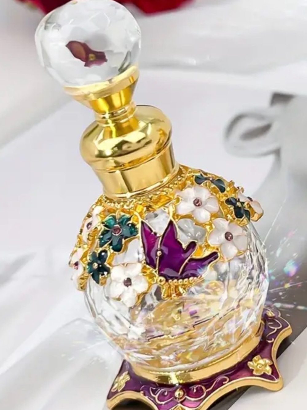 New Ornate Glass Miniature Perfume Bottle with Gold Filigree and Purple Accents - Picture 2 of 3